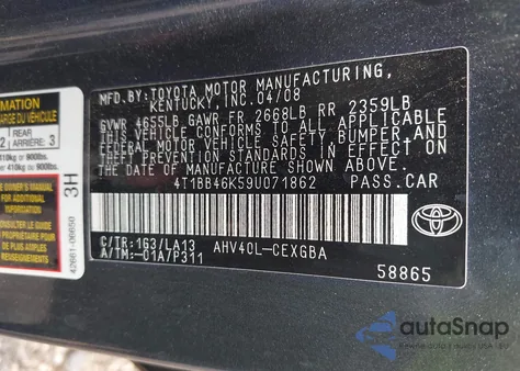 2009 Toyota Camry Hybrid z USA, uszkodzony, nr VIN 4T1BB46K59U071862